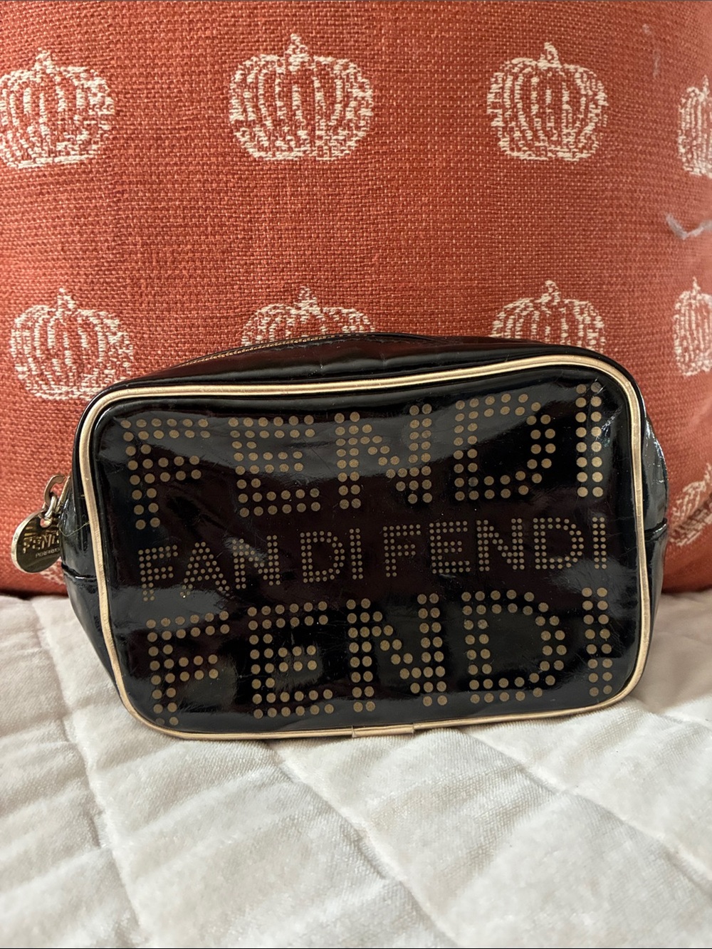 Fendi Vintage Black Patent Zucca Mini Cosmetic Bag Pouch